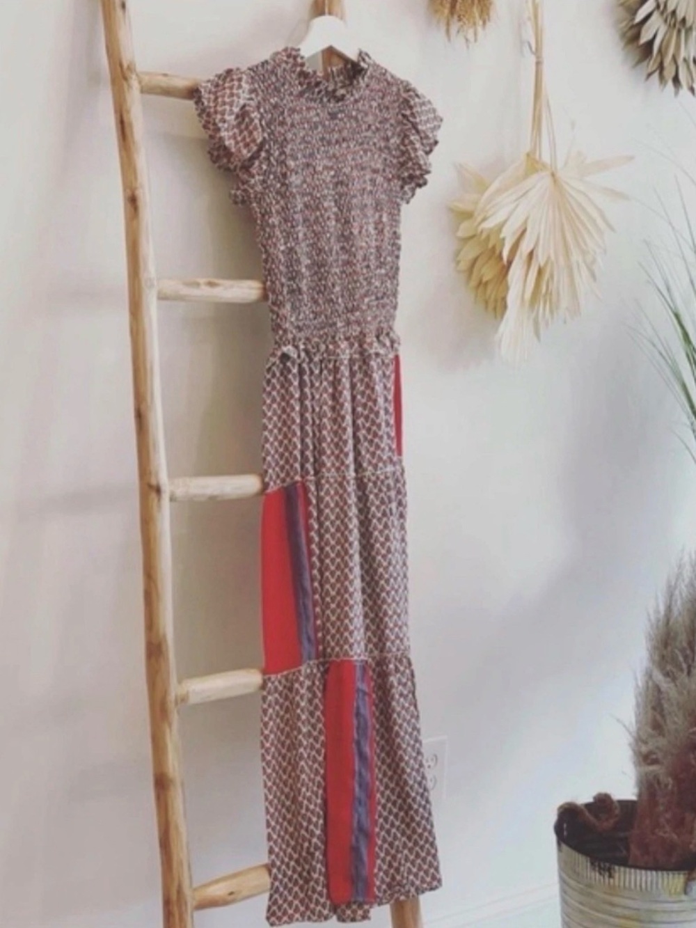 Smocked Maxi Dress in Pink, Purple and Cream with Red Accent color block Panels